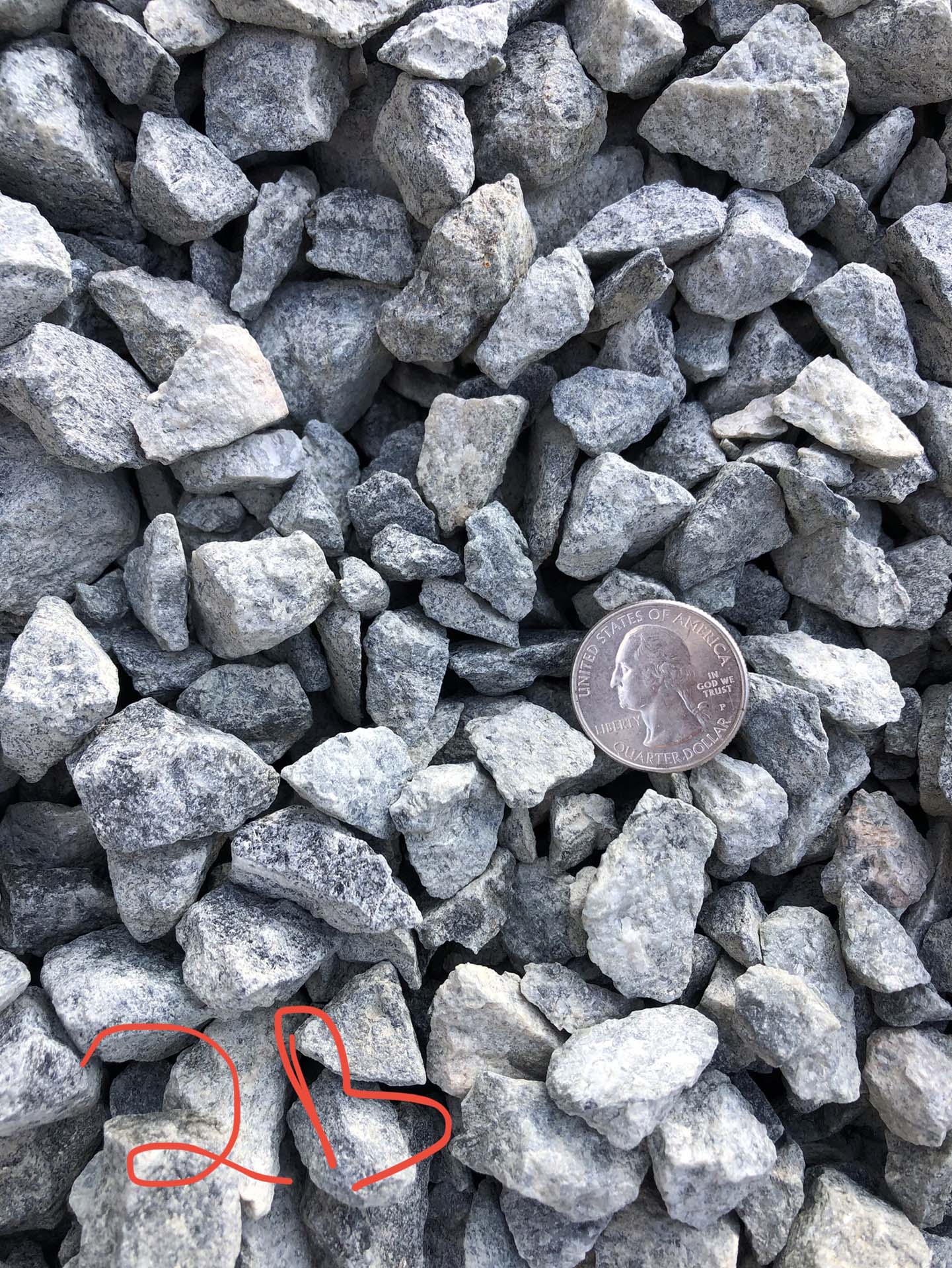 coin next to a pile of gray stones.